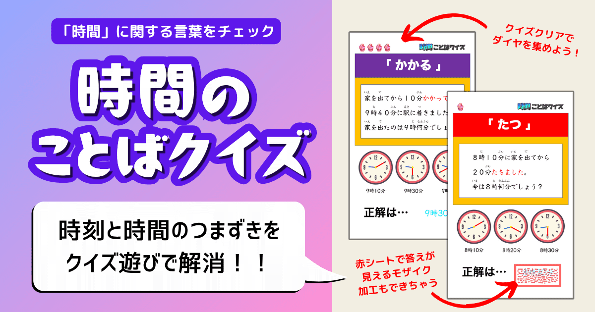 小学校２年生の算数「時刻と時間」でつまずきの原因となりやすい「時計の動きや時間の経過を表すことば」に関するクイズ型教材のアイキャッチ画像。