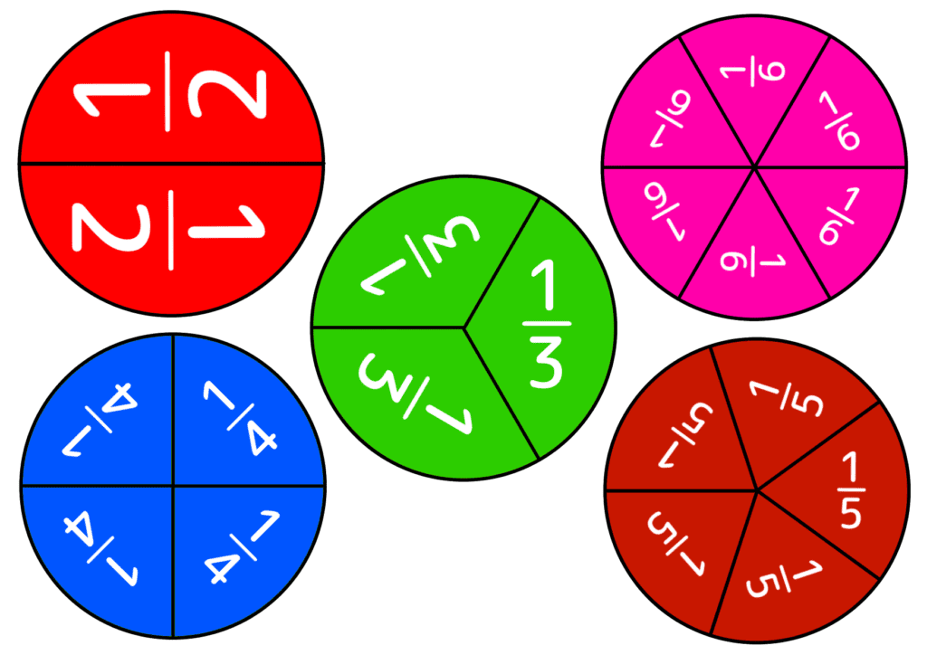 円を1/2・1/4・1/8などに分けた分数パズルのピースを並べた教材イメージ。目で見て触って分数の大きさを学べるパズル型教材。