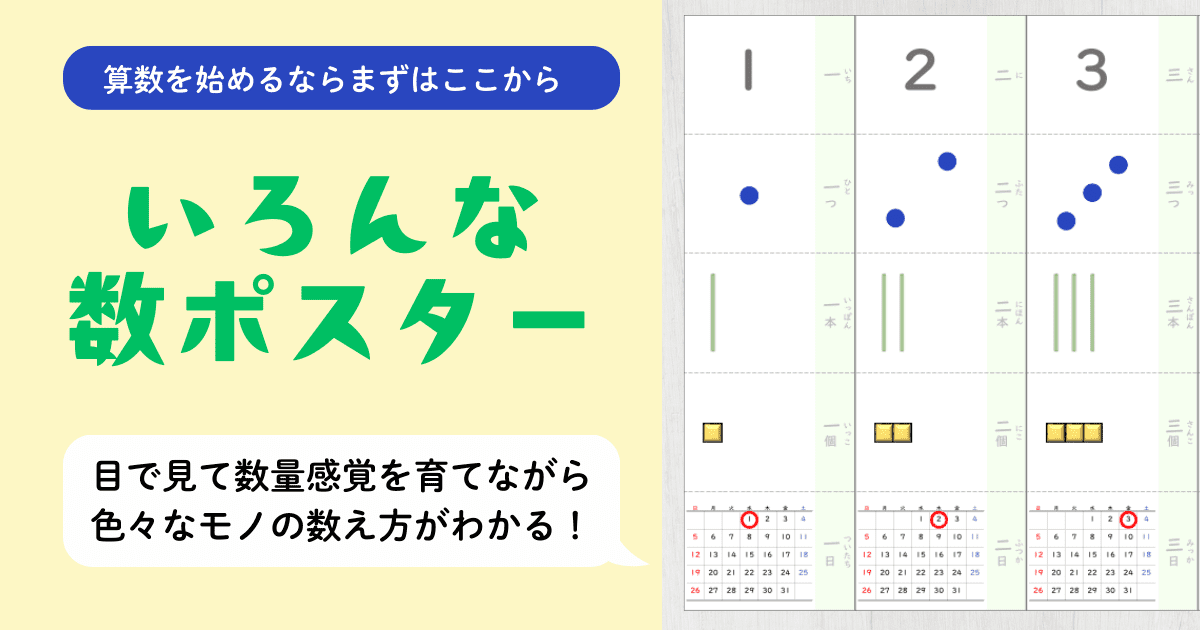 小１算数『いろんな数ポスター』教材のアイキャッチ。1〜3の数字を、ドット・棒・ブロック・カレンダーなど複数の表し方で示し、数量感覚を視覚的に育てられる教材であることを紹介している。