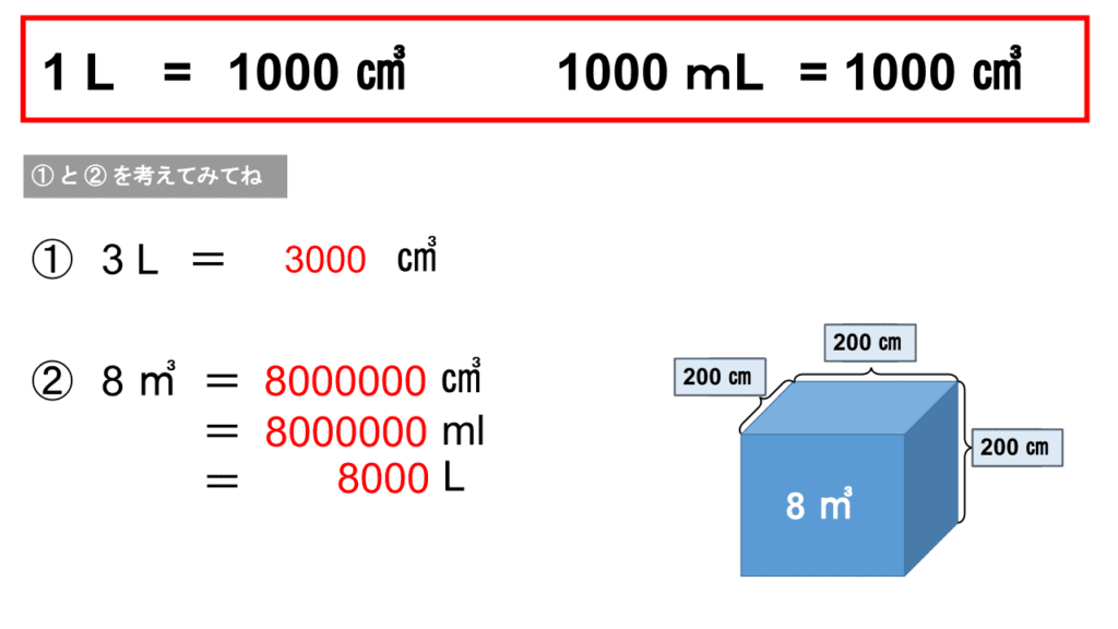 「水のかさと体積」解説スライド②。単位変換の練習問題とアニメーションによる解答表示。