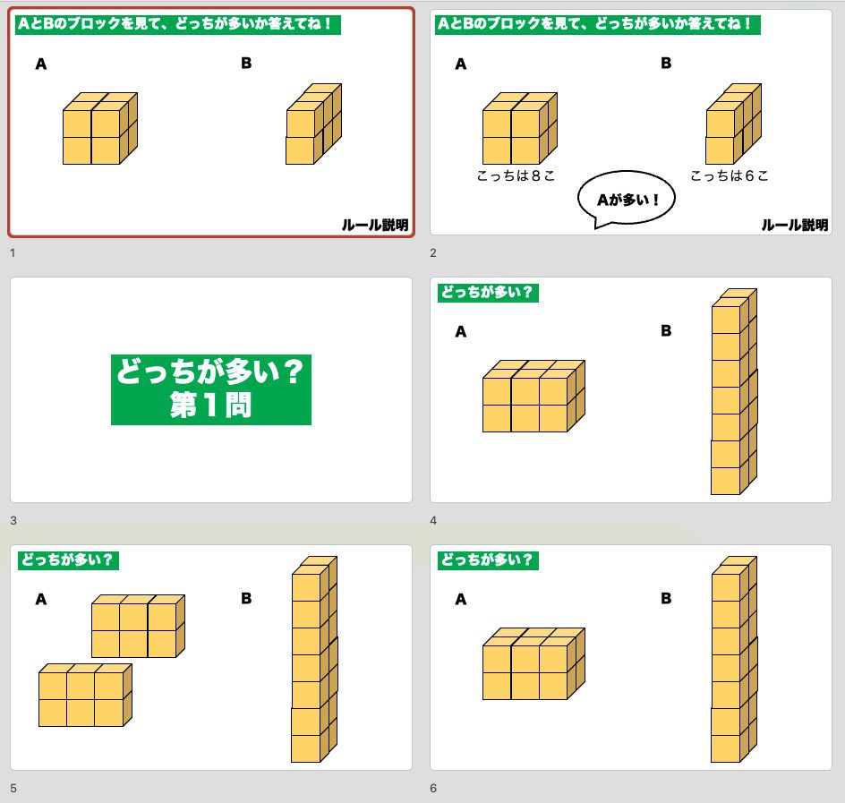小５算数『体積クイズ〜どっちがおおい？〜』教材紹介画像。AとBの立体の体積を比較するスライド例や、ブロック図・ヒント画面を示し、視覚的に体積の感覚を育てる教材であることを説明している。