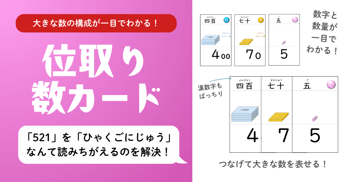 小２算数『大きな数』で学ぶ数の構成について視覚イメージで理解できる教材の紹介ページのアイキャッチ画像。数量感覚を育てながら「十進位取り記数法」に親しみます。学習障害（LD）をはじめとした発達障害のある子どもの特別支援教育や不登校児童の家庭学習・学び直しに活用されています。