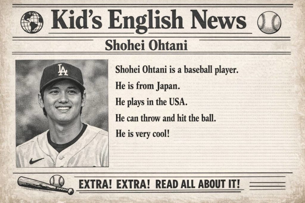 AIで作成した英字新聞風の子どもむけ英語教材。大谷翔平選手の紹介文が書かれている。